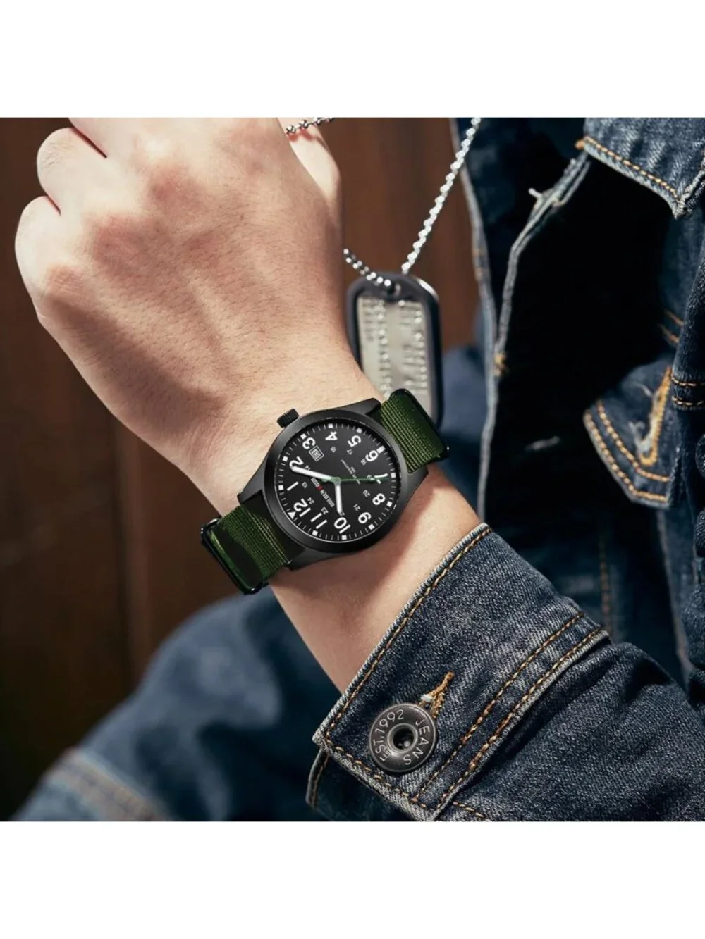 Men's Nylon Slip-Thru Strap Watch, Military Time, Easy Read Dial, Glowing Hands